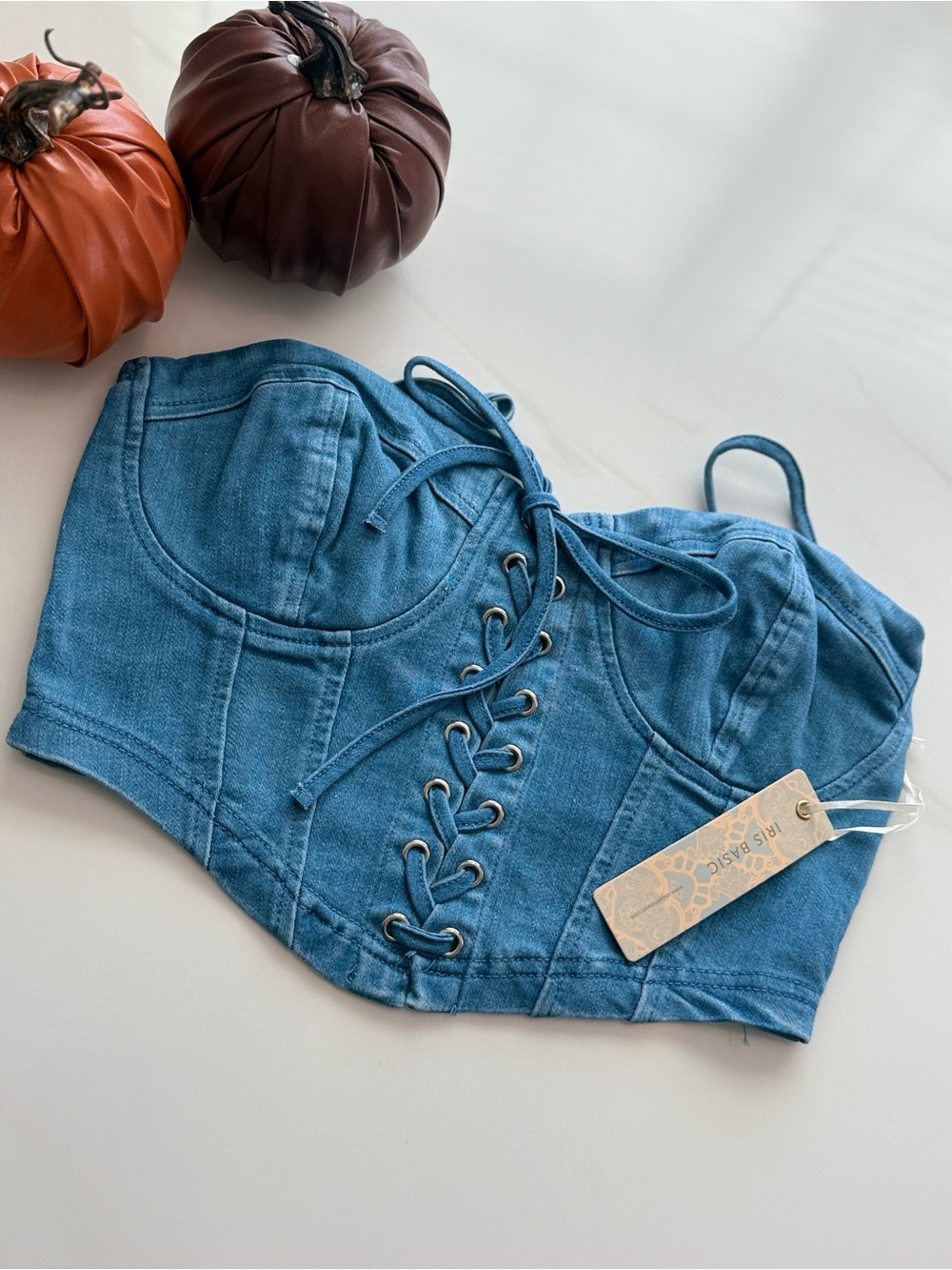 Iris Basic Lace-Up Denim Corset Bustier Crop Top - Small - NWT